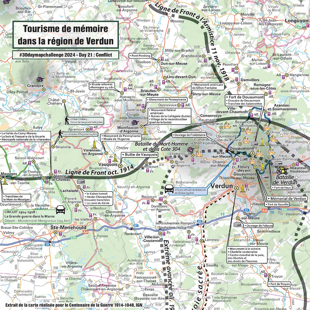 Extrait de la carte du Centenaire de la Grande Guerre de 1914-1918