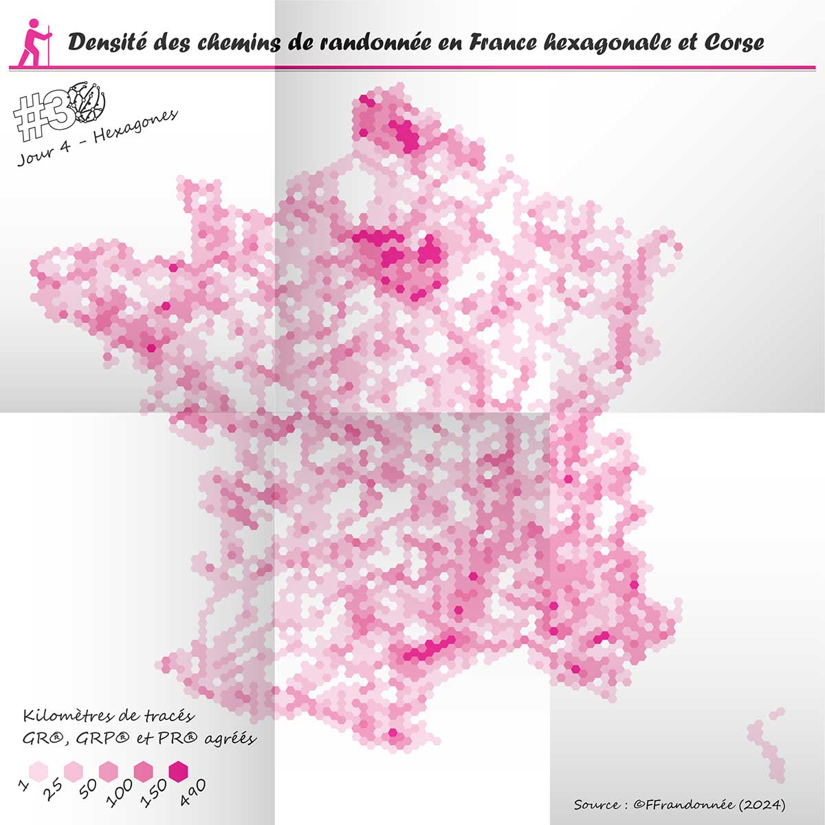 Densité des chemins de randonnée en France hexagonale et Corse