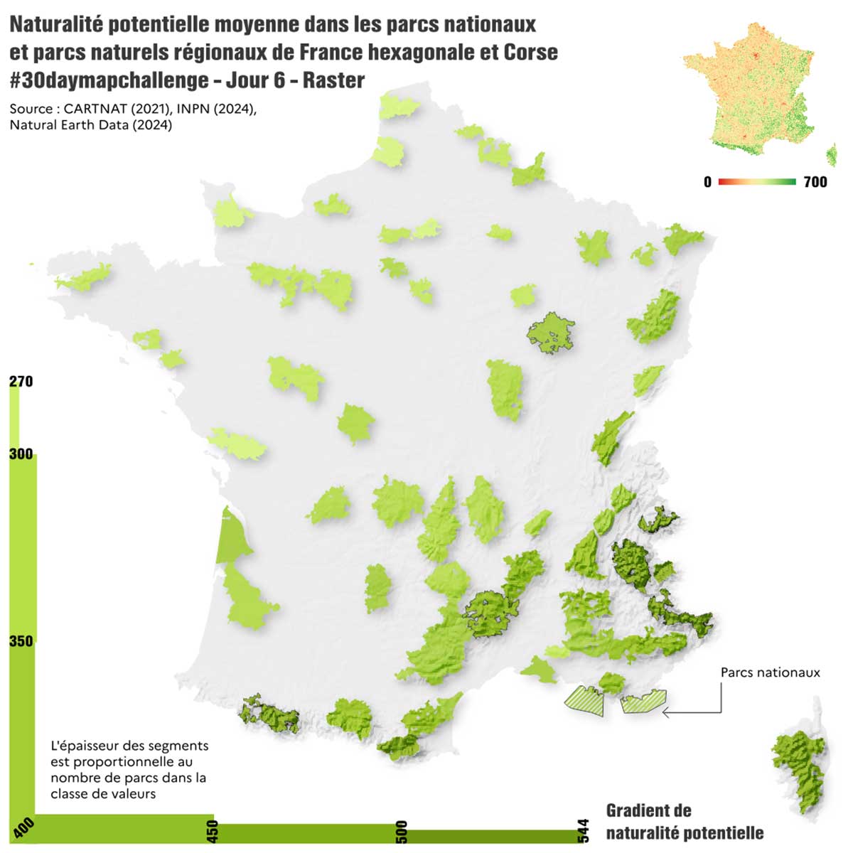 Naturalité potentielle moyenne dans des zones déjà protégées : les parcs naturels régionaux et les parcs nationaux