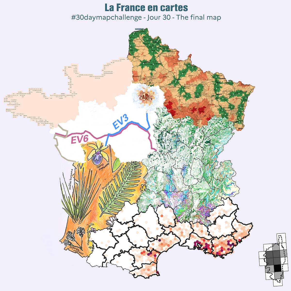 Patchwork des cartes réalisées par les agents de l'IGN pour l'édition 2024 du challenge