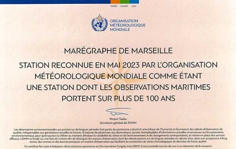 Diplôme décerné au Marégraphe de Marseille par l'Organisation météorologique mondiale