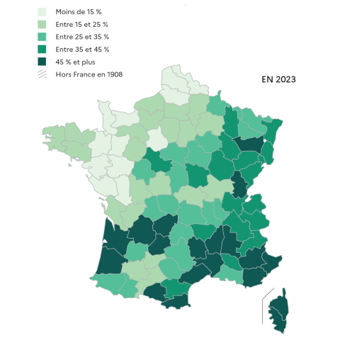 Taux de boisement par départements en 2023