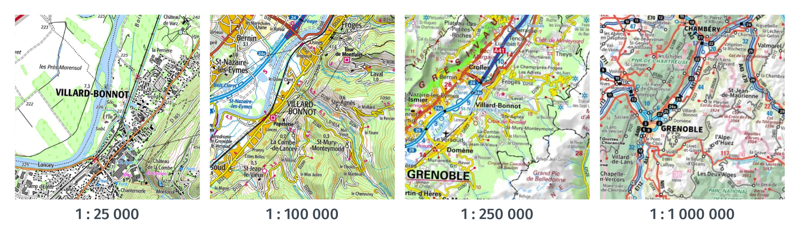 Représentation de la commune de Villard-Bonnot, Isère (38), à différentes échelles